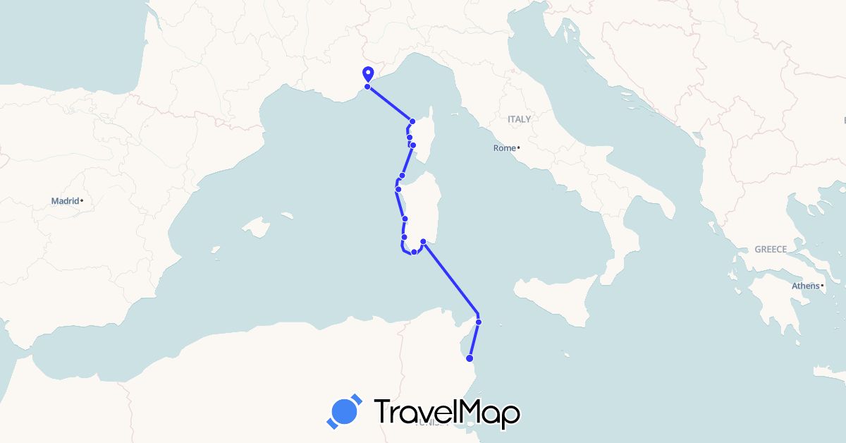 TravelMap itinerary: driving, voilier in France, Italy, Tunisia (Africa, Europe)
