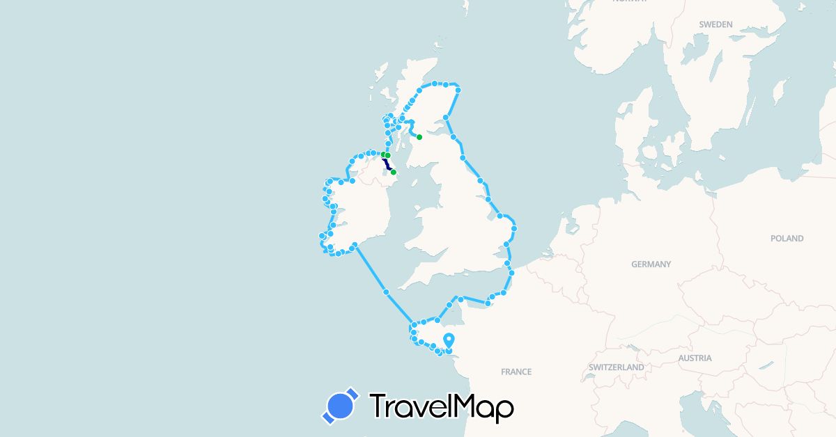 TravelMap itinerary: driving, bus, boat in France, United Kingdom, Guernsey, Ireland (Europe)