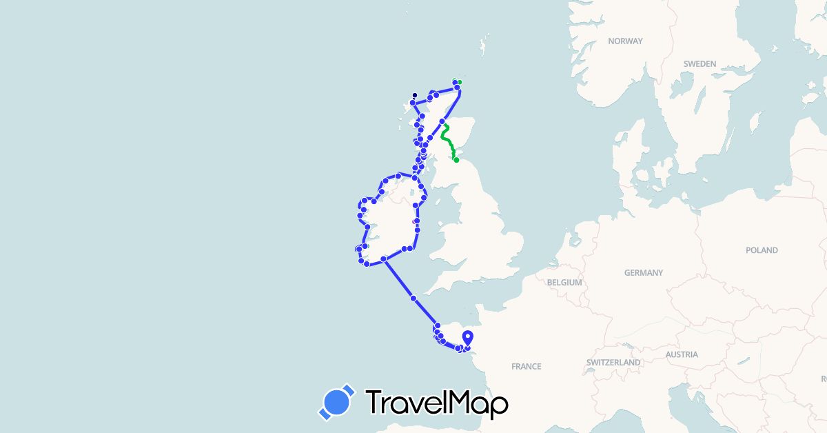 TravelMap itinerary: driving, bus, train, boat, voilier in France, United Kingdom, Ireland (Europe)