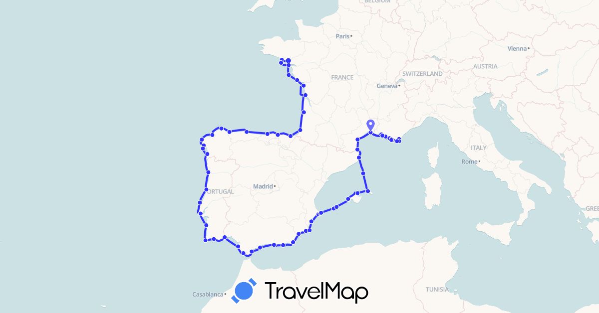 TravelMap itinerary: driving, voilier in Spain, France, Portugal (Europe)